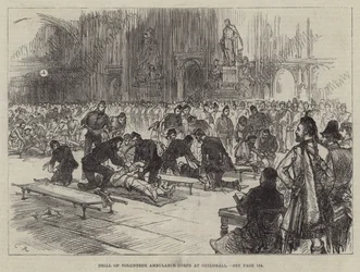 Oefening van de vrijwillige ambulancekorpsen in Guildhall